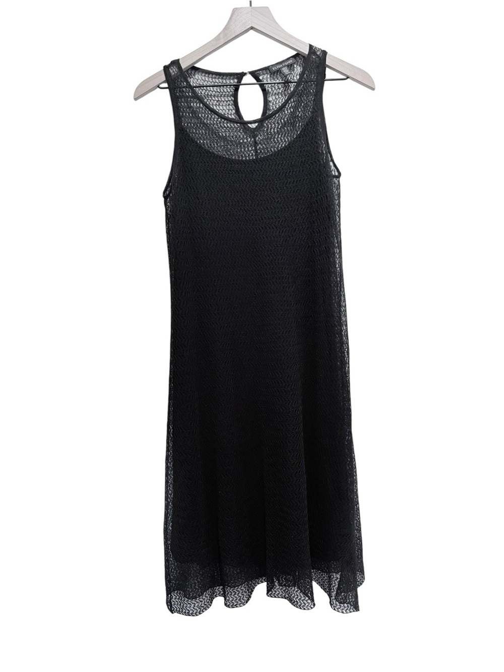 Eileen Fisher Black Textured Mesh Dress Size XS Sleeveless Sheer Overlay Midi